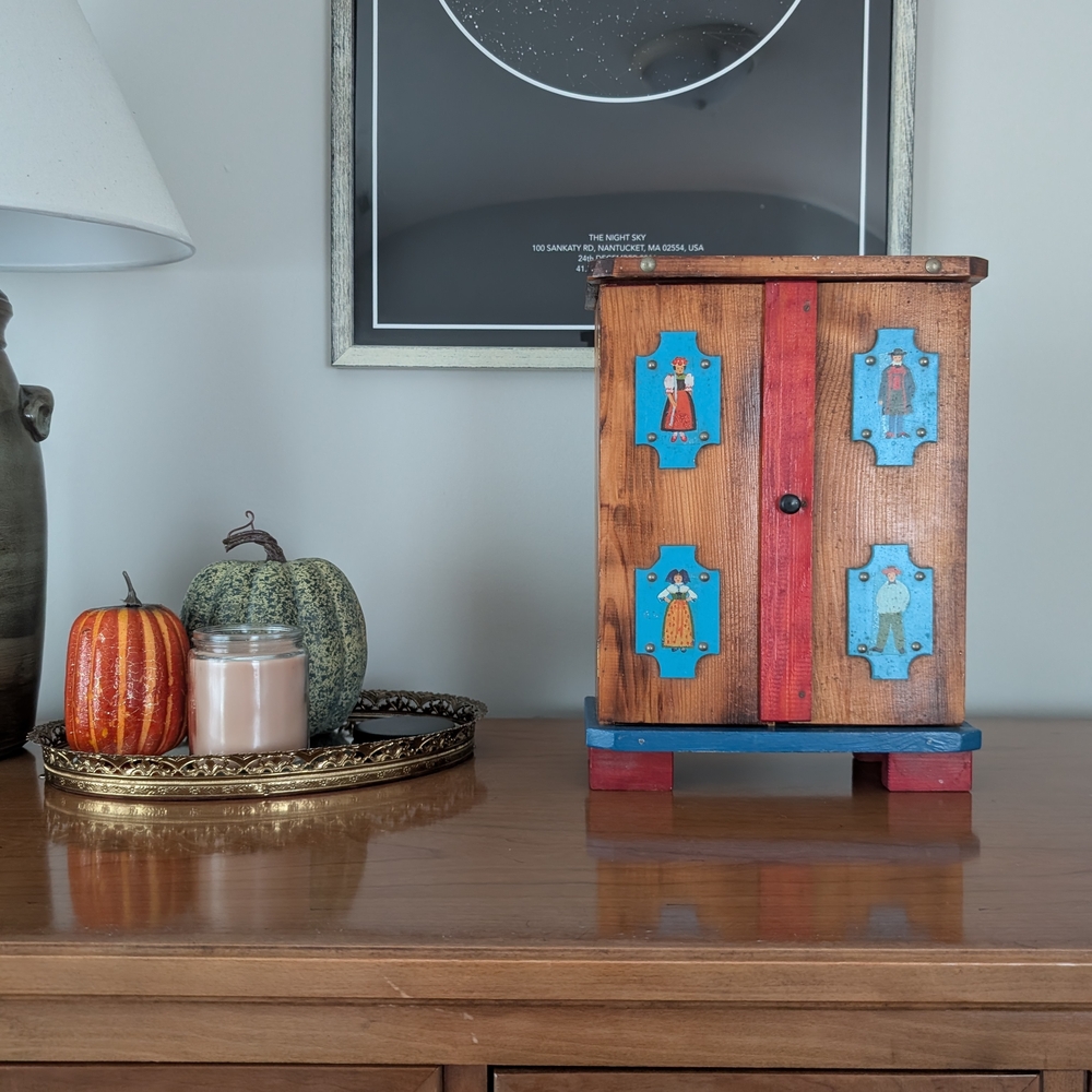 Vintage 1960s–70s Dora Kuhn Wooden Doll with Wardrobe Armoire & Clothes